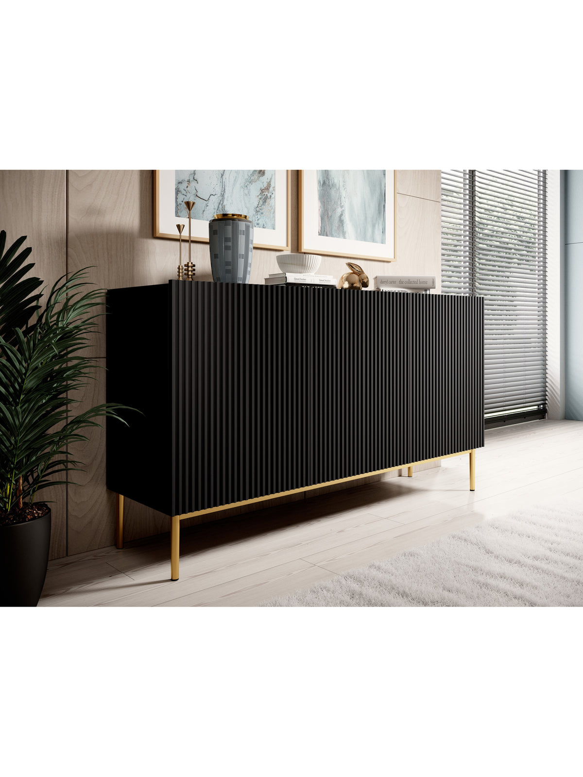 Comodă Nicole 150 cm trei uși negru mat cu front nervurat și picioare aurii design modern