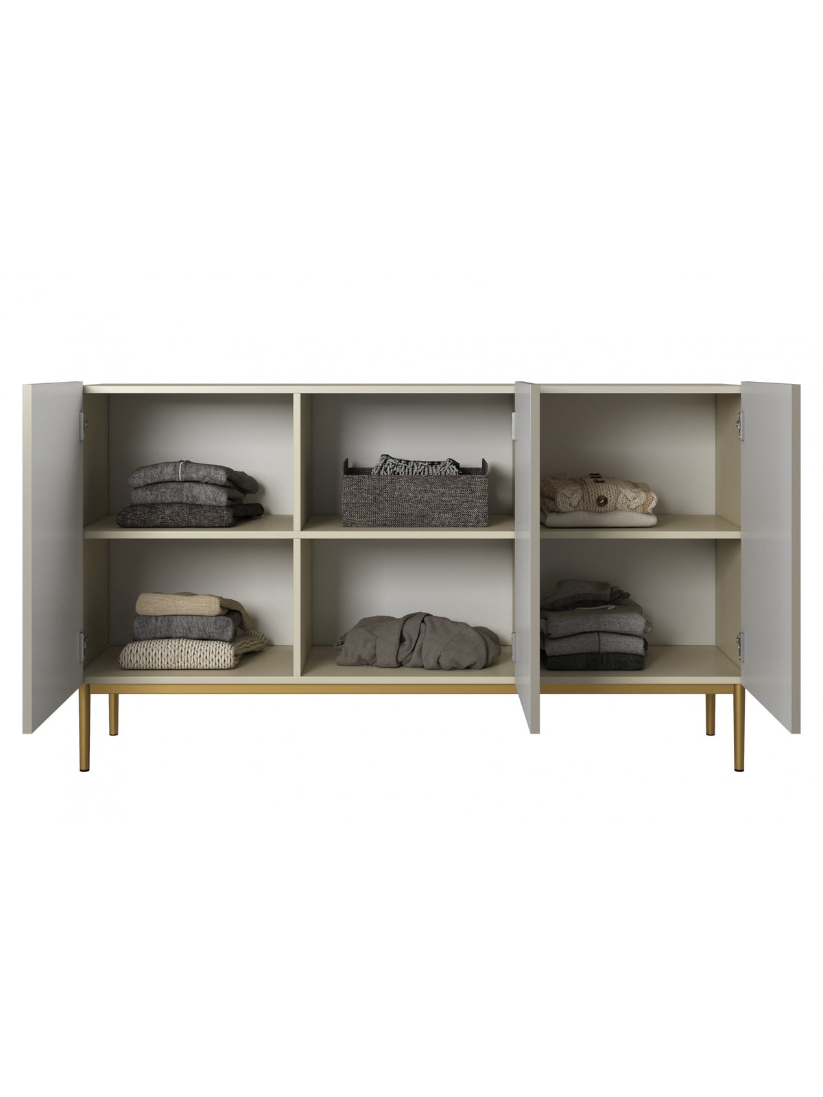 Comodă Nicole 150 cm cu trei uși, culoare cashmere, front striat și picioare aurii, interior cu rafturi