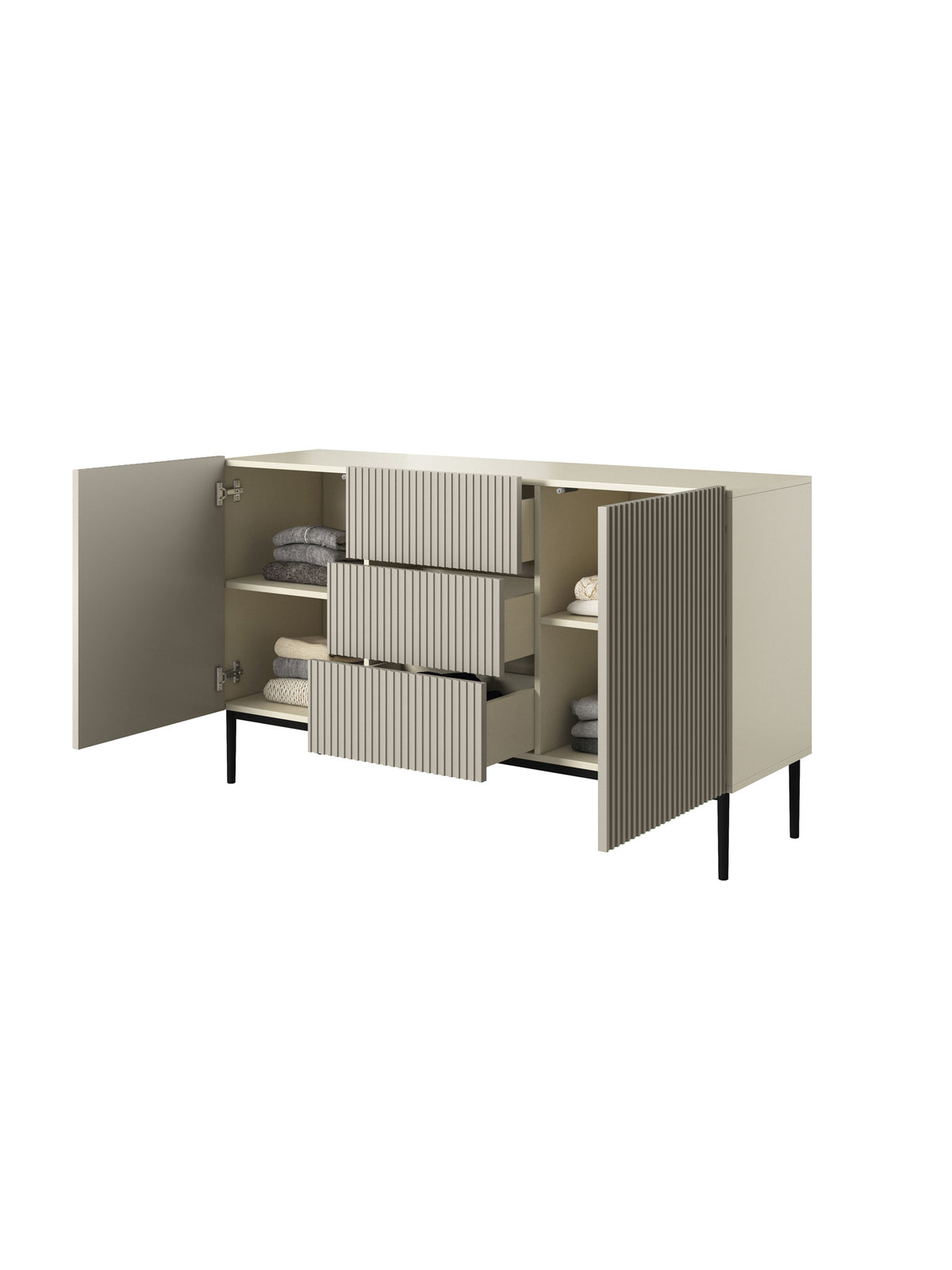 Comodă Nicole 150 cm cashmere cu sertare și front striat, picioare negre, uși deschise