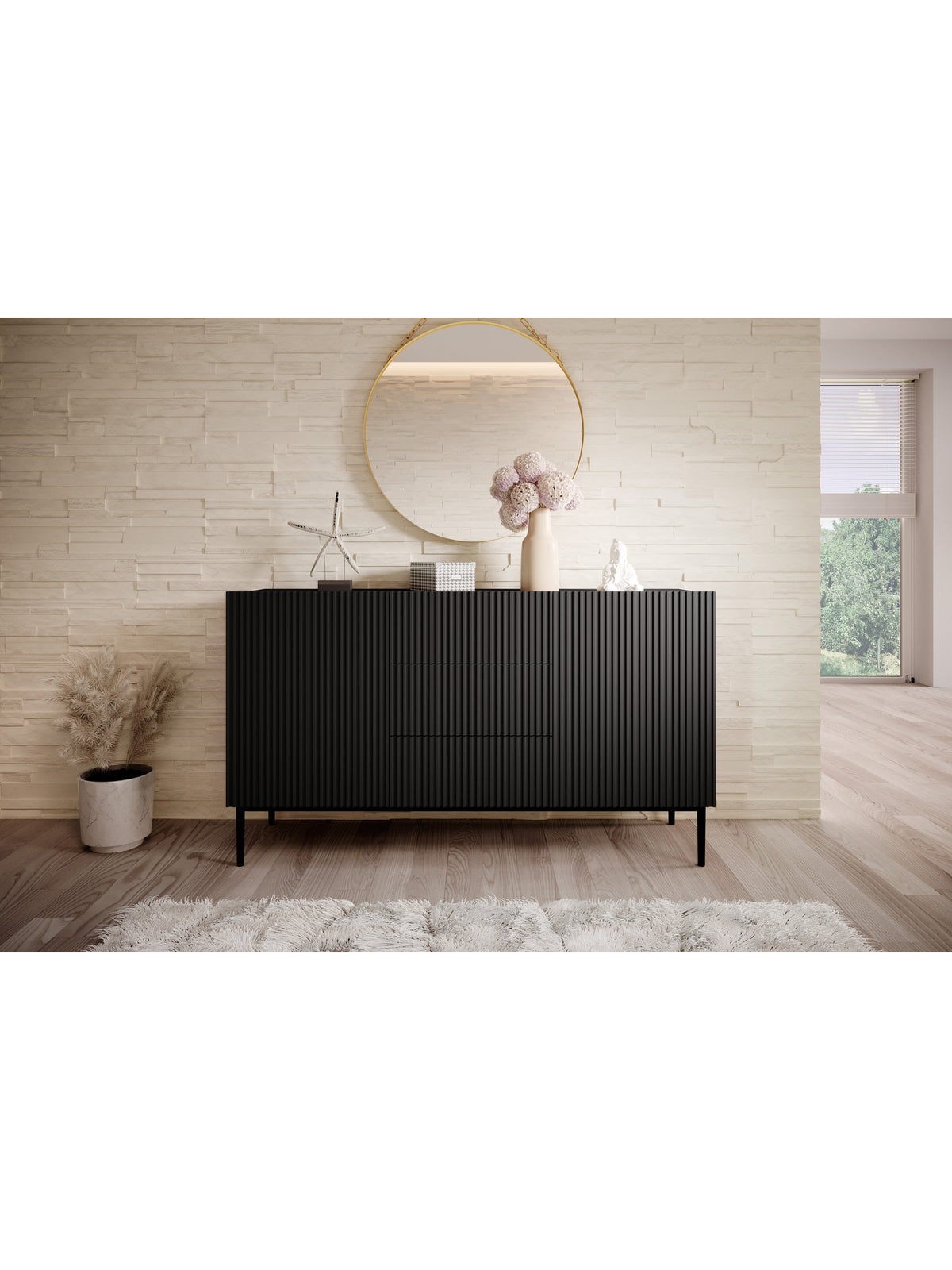 Comodă Nicole 150 cm negru mat cu front rigidat și picioare negre, vedere frontală