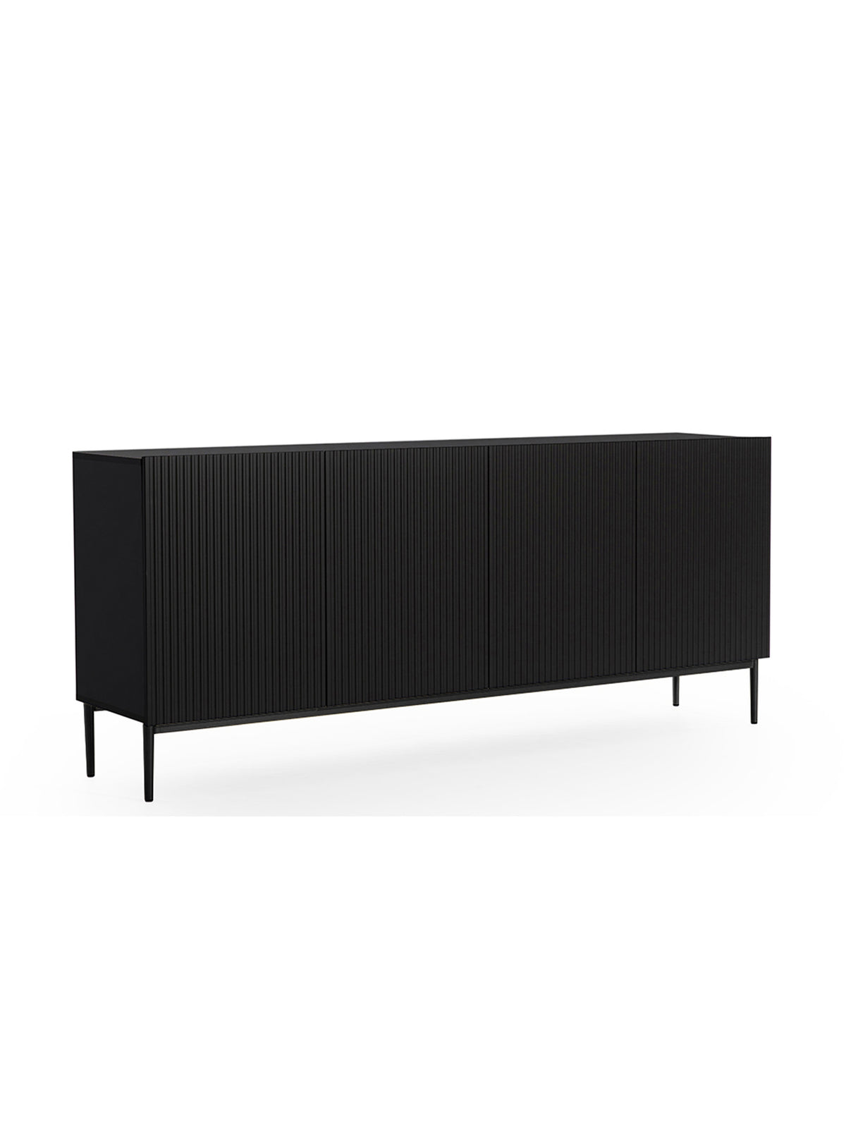 Comodă Nicole 200 cm cu patru uși negru mat cu front cu striații și picioare negre
