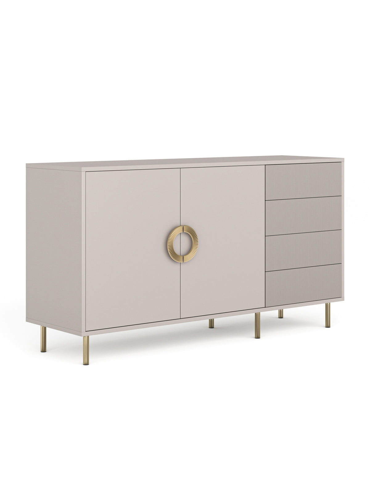 Comodă Nubo 150 cm casmir cu front striat, mânere și picioare aurii
