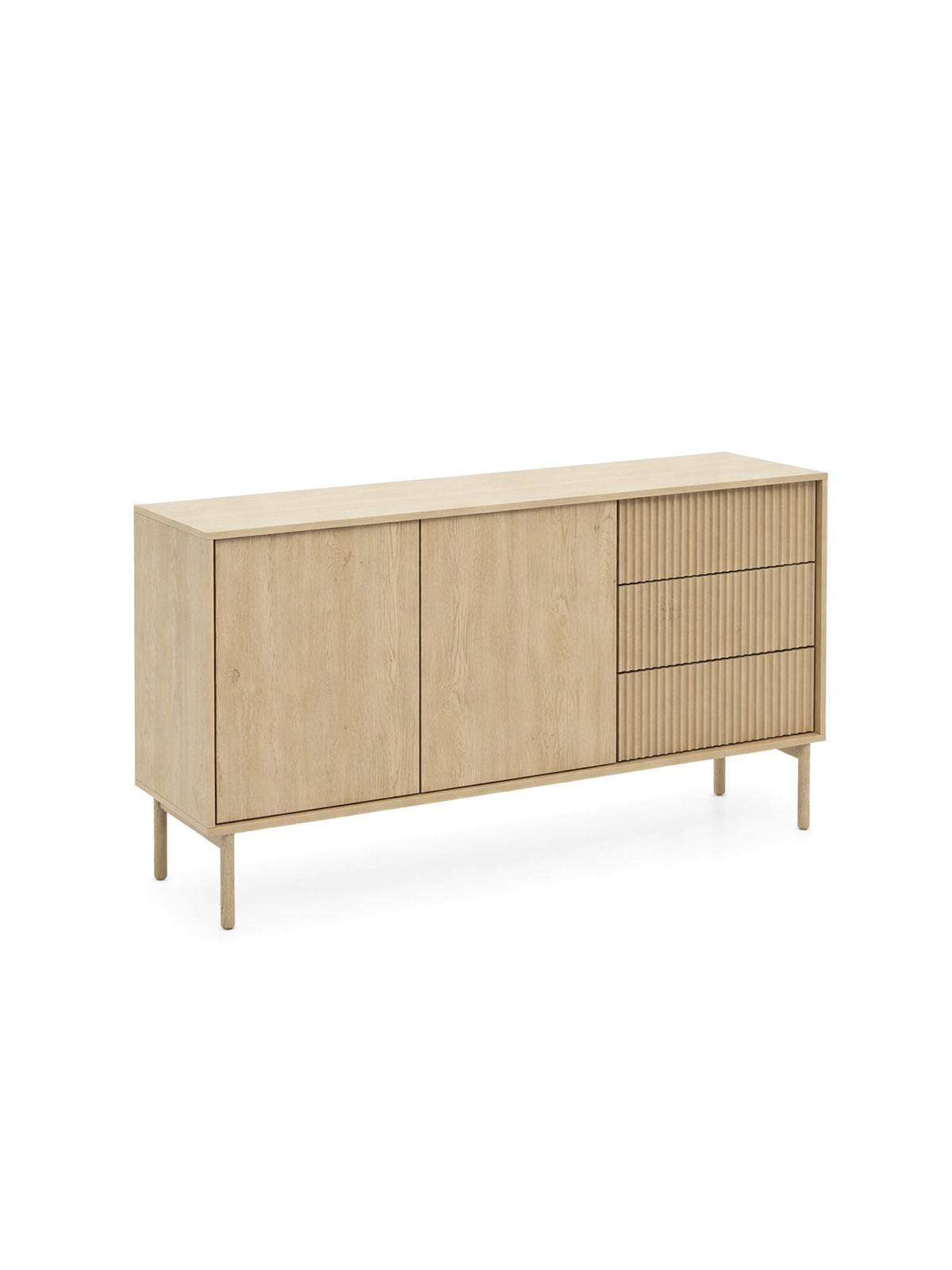 Comodă Rivio 153 cm culoare stejar cremona cu fronturi canelate și trei sertare