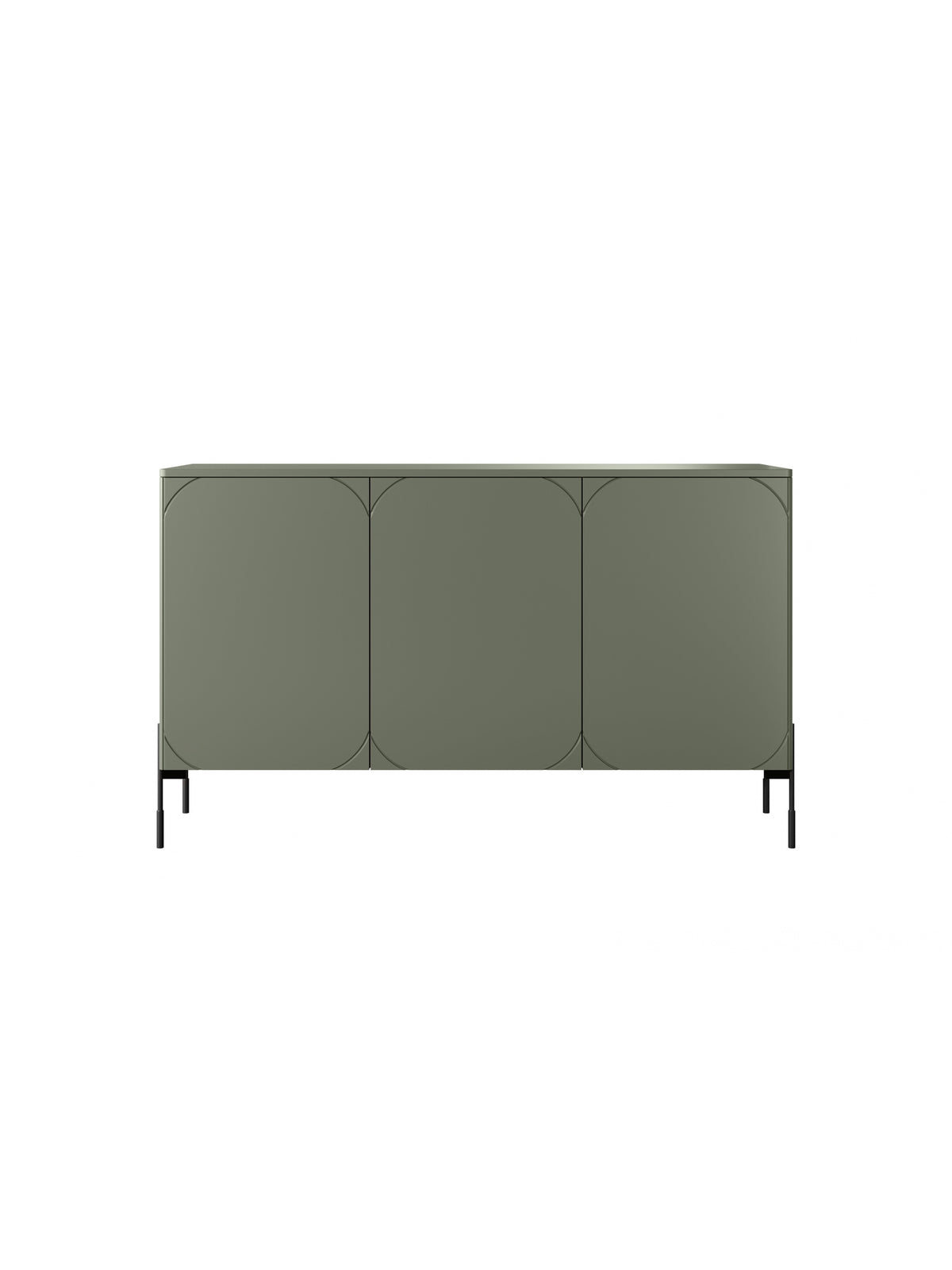 Comodă Sonatia 150 cm trei uși, culoare măslinie, cu picioare metalice negre vedere frontală