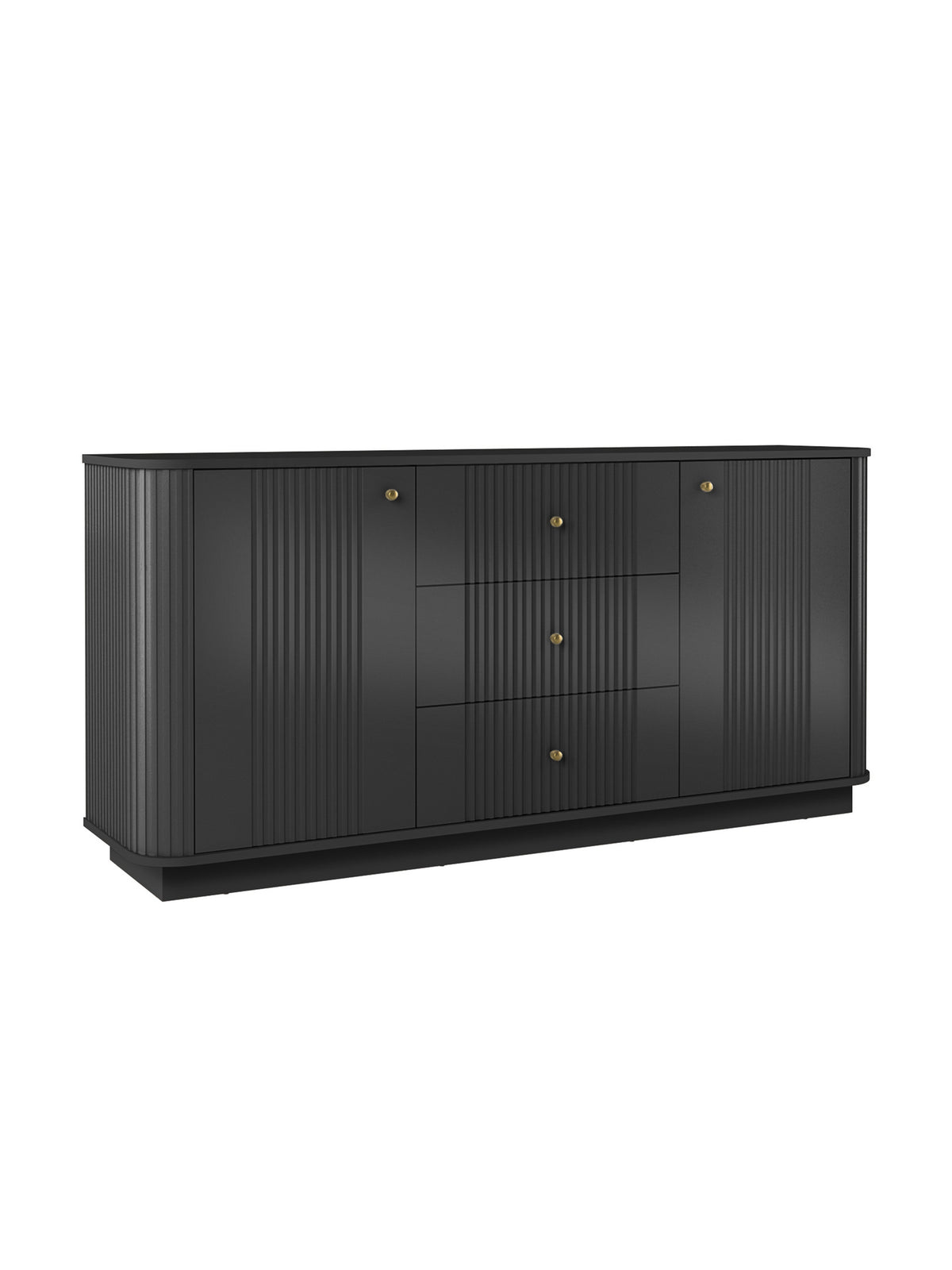 Comodă Vesper 160 cm neagră cu front striat și mânere aurii
