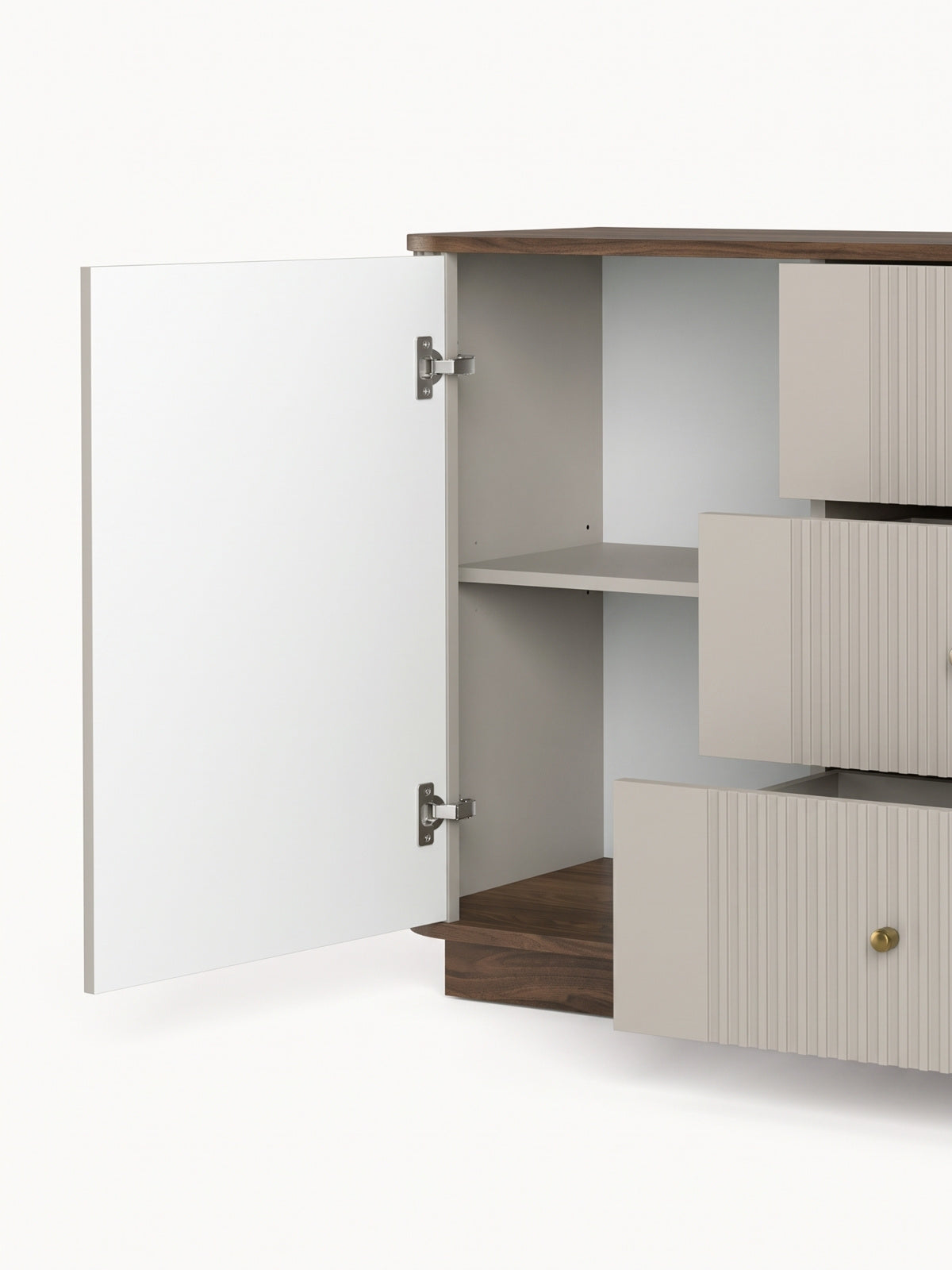 Comoda Vesper 160 cm cu sertare na cokole - cașmir / nuc / zlote Mânere
