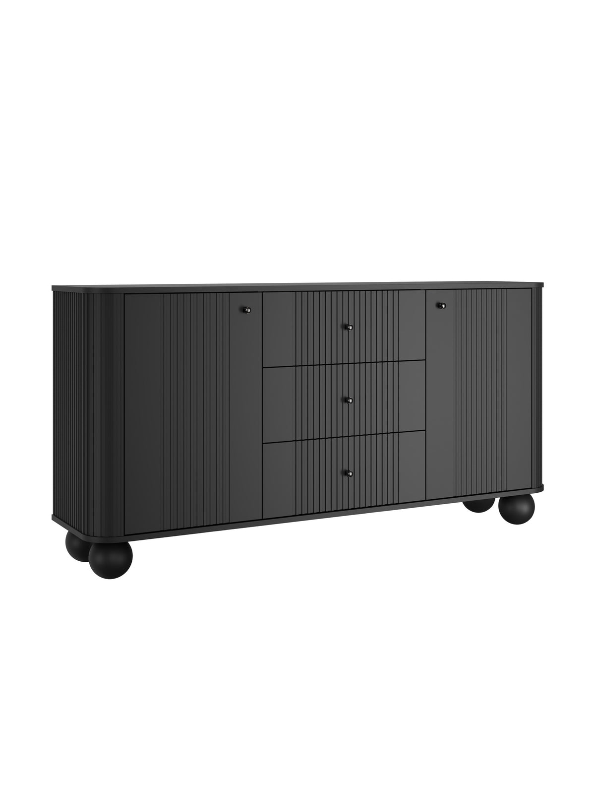 Comodă Vesper 160 cm neagră mat cu fațade striate și trei sertare pe picioare rotunde