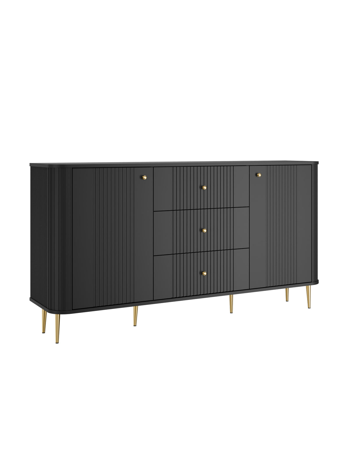 Comodă Vesper 160 cm neagră mat cu fronturi canelate și picioare aurii