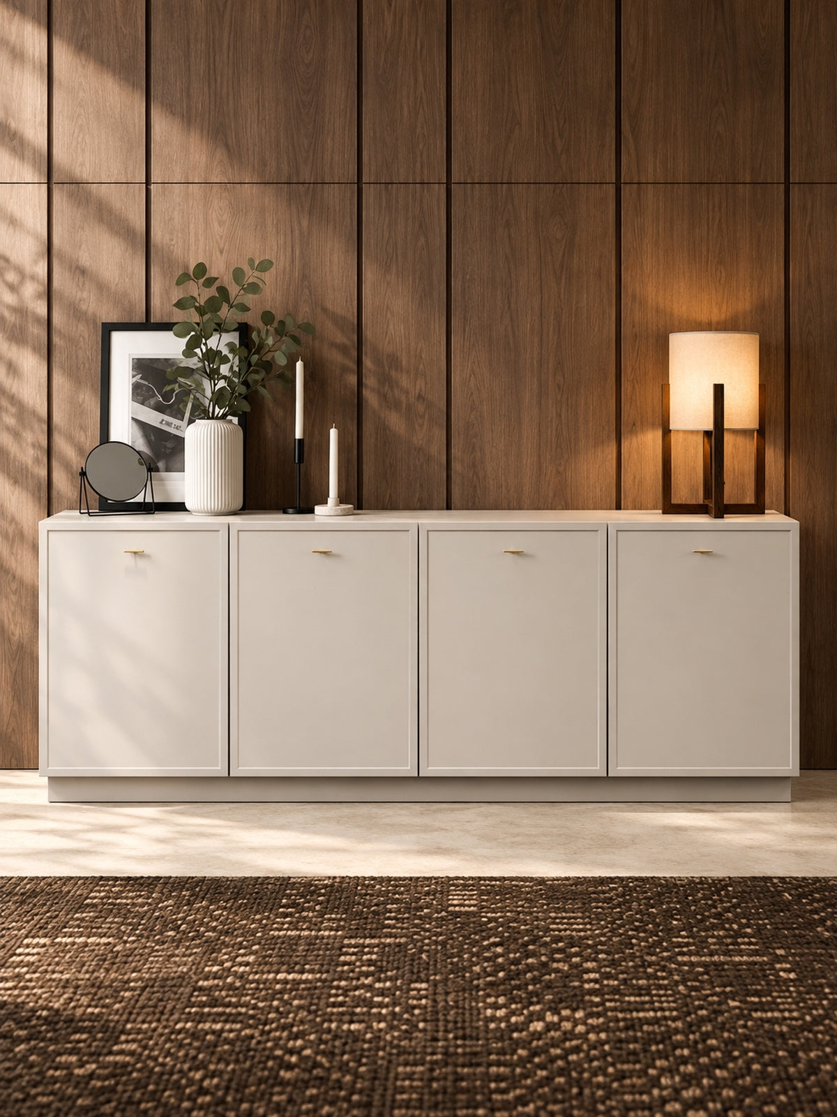 Comoda suspendată Lorini 200 cm cu patru uși - cașmir / zlote Mânere T-bar
