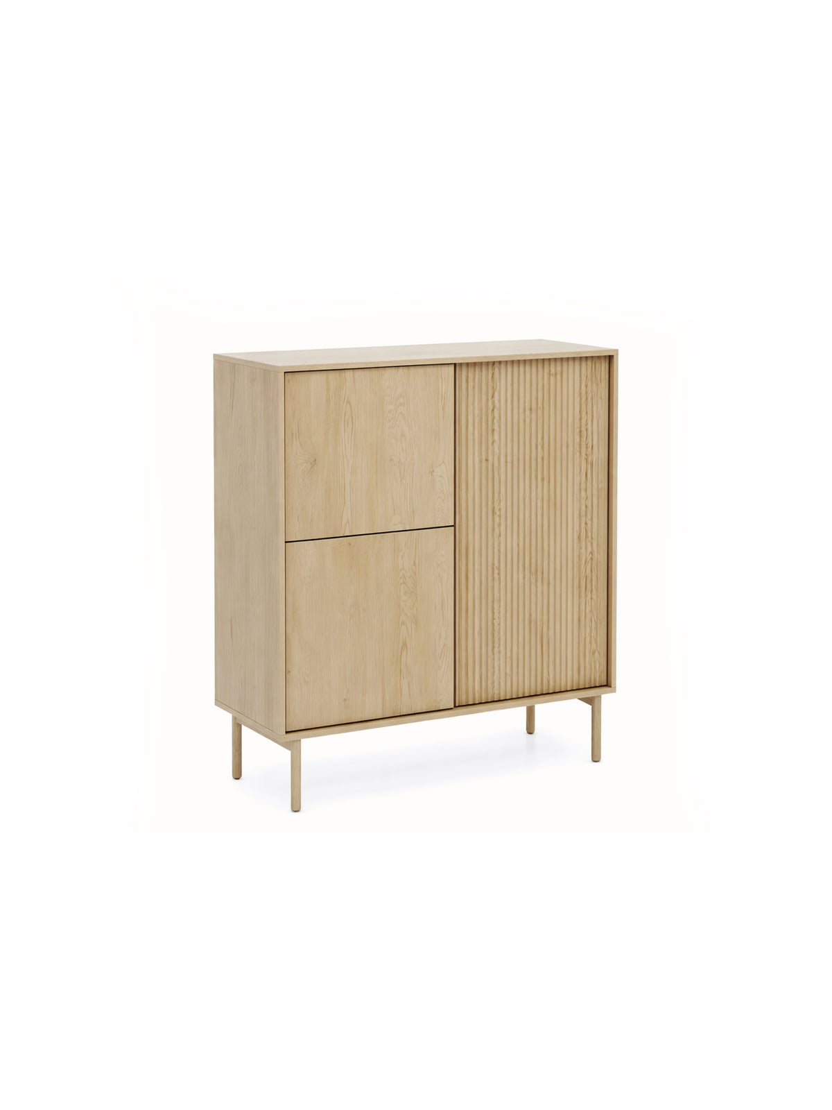 Comodă înaltă Rivio 104 cm culoare stejar cremona cu fronturi striate și trei uși