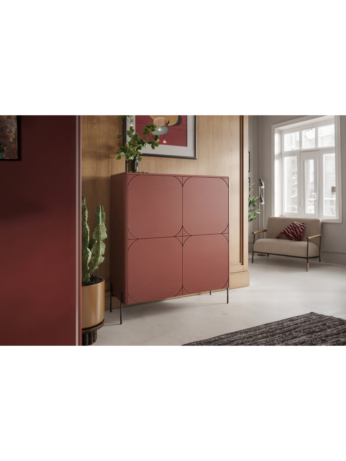 Komoda wysoka Sonatia 120 cm dwudrzwiowa z dwoma ukrytymi szufladami - burgund