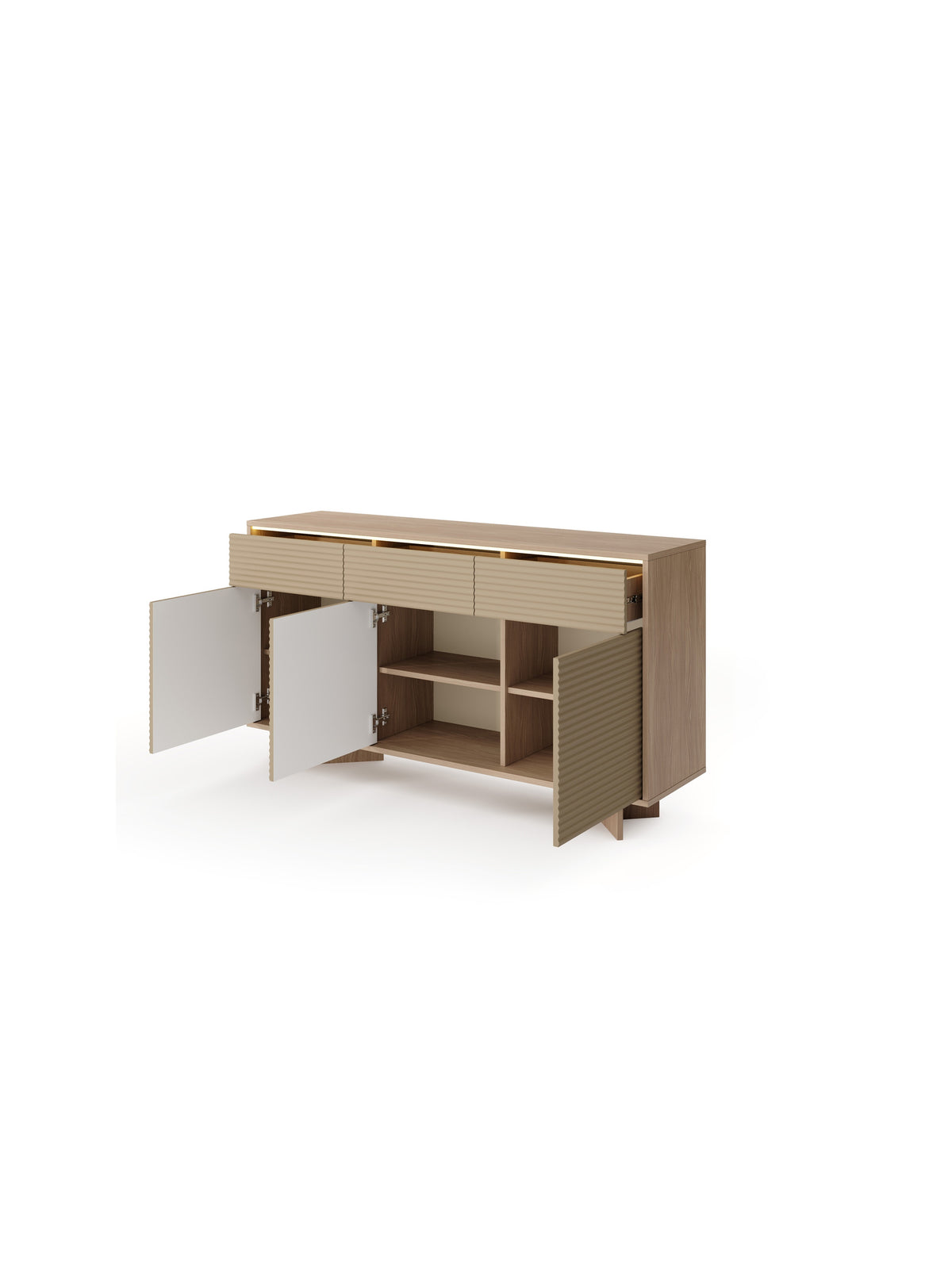 Comodă Erini 154 cm culoare bolivar natural și cappuccino cu uși deschise