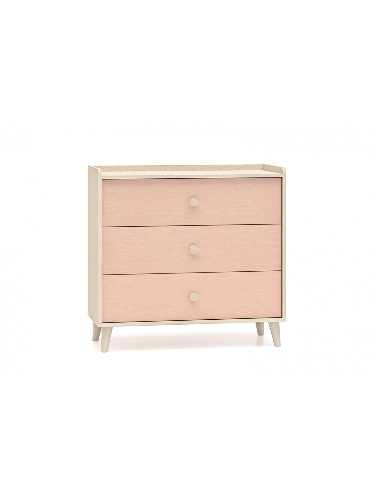 Comodă copii Marla 90 cm cu trei sertare roz millenial pink pe picioare culoarea nisipului deșertului