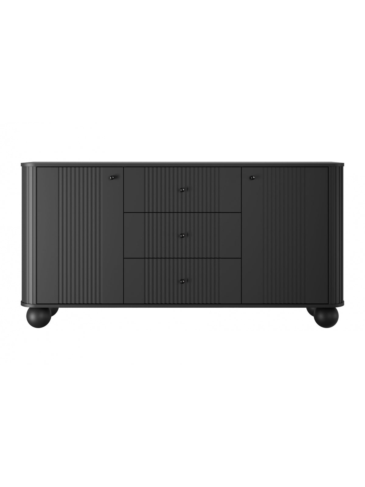 Comodă neagră Vesper 160 cm cu fronturi canelate și picioare sferice
