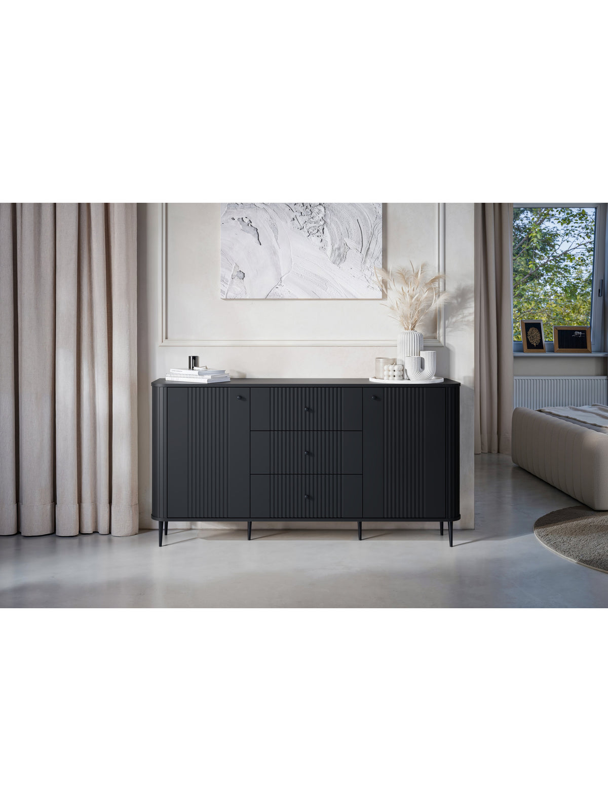 Comodă Vesper 160 cm negru mat cu trei sertare și două uși pe picioare negre