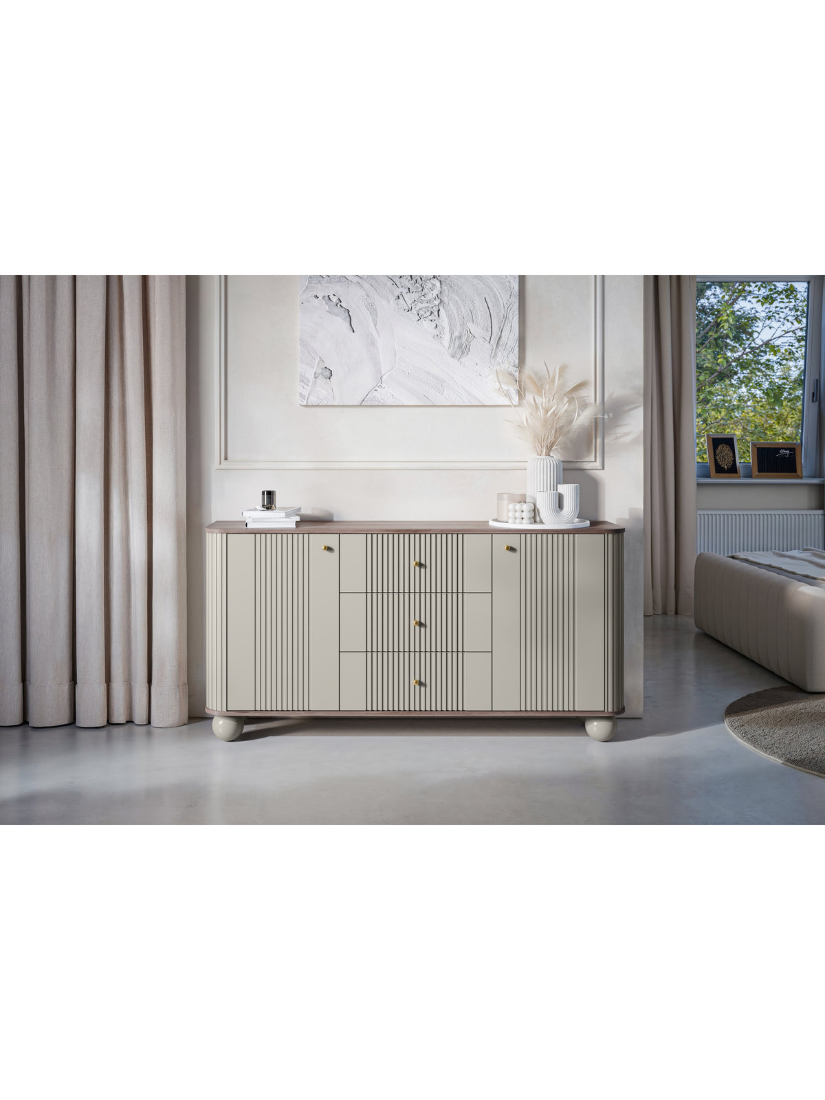 Comodă Vesper 160 cm casmir cu fronturi canelate și mânere aurii
