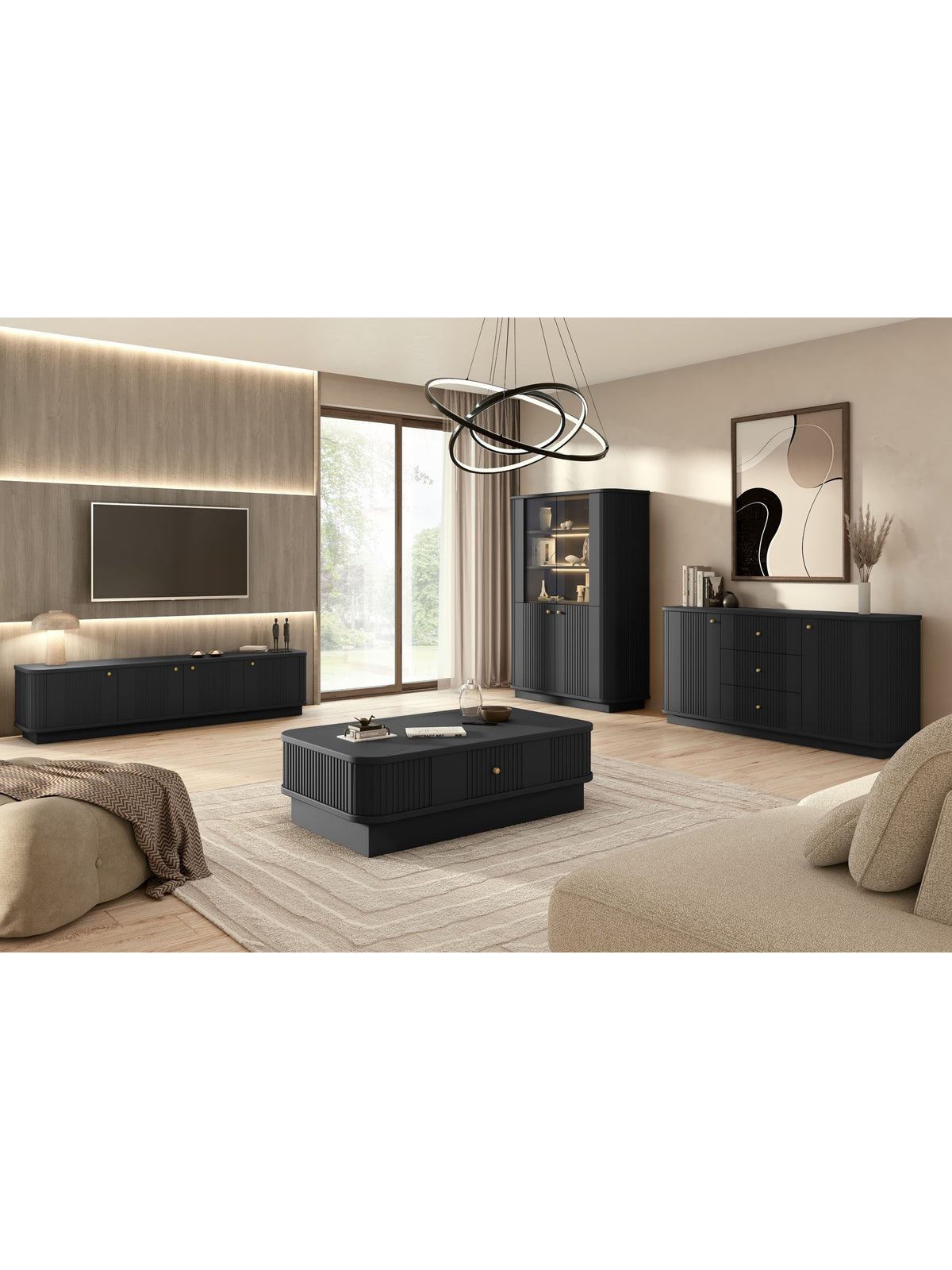 Comodă Vesper 160 cm neagră cu fronturi canelate și mânere aurii pe soclu