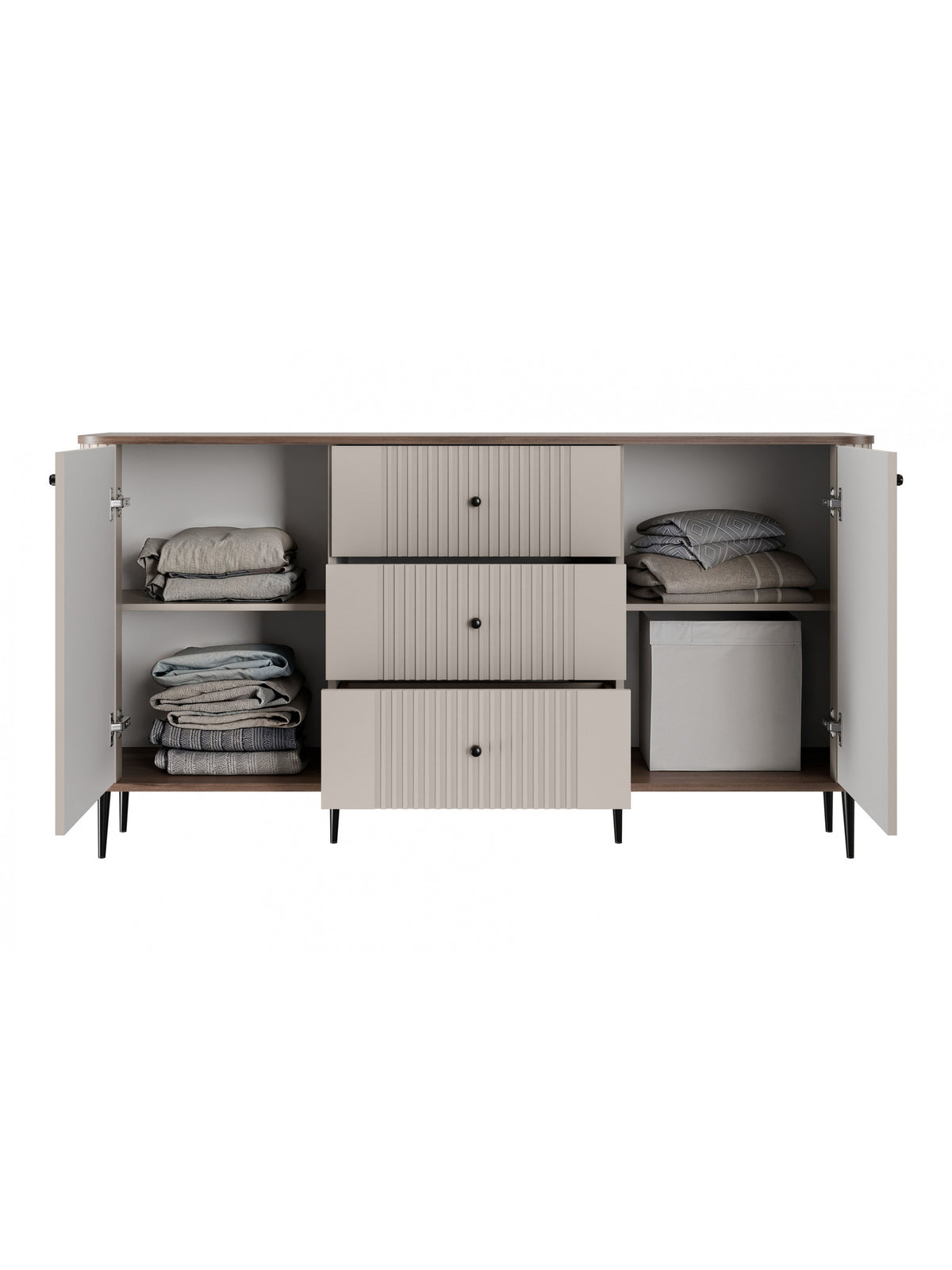 Comodă Vesper 160 cm casmir cu fronturi rindelate și picioare negre, sertare și rafturi deschise