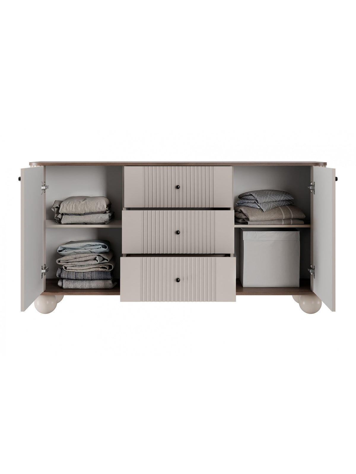 Comodă Vesper 160 cm casmir cu fronturi canelate, blat nuc, mânere negre, picioare rotunde, vedere spre interior