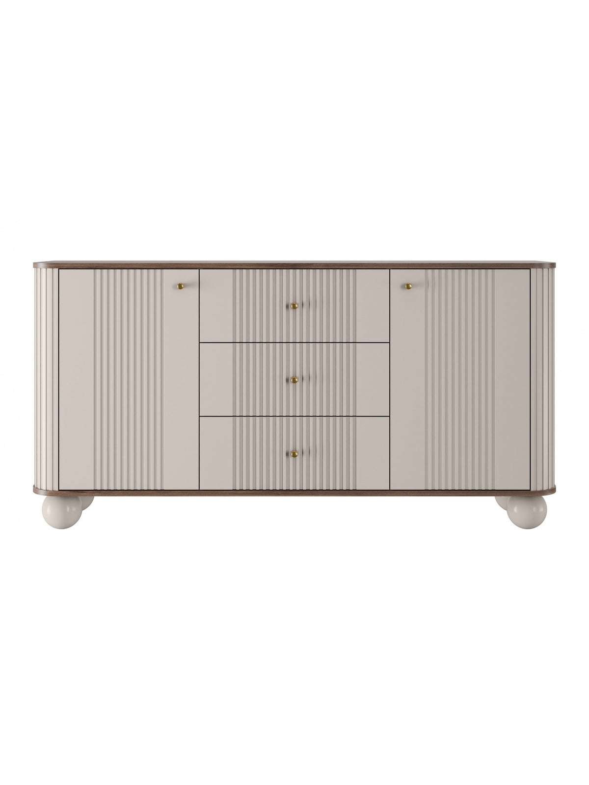 Comodă Vesper 160 cm culoare kașmir cu fronturi striate și mânere aurii, vedere frontală