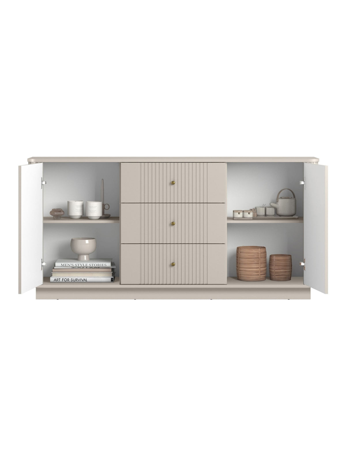 Comodă Vesper 160 cm casmir cu trei sertare striate și mânere aurii, vedere interior