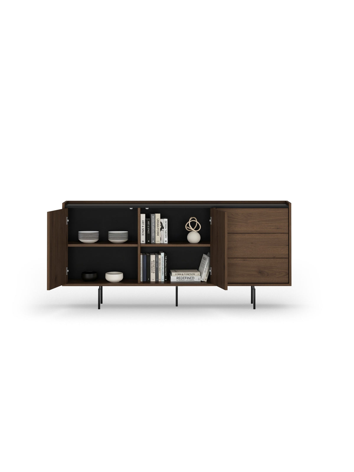 Komoda Zenar 170 cm z szufladami w kolorze orzech elegant i czarnym blatem, nowoczesny design