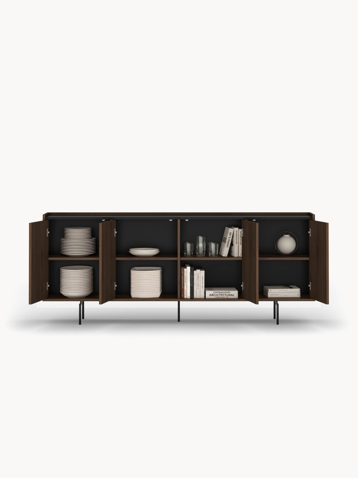 Comoda Zenar 200 cm cu patru uși - nuc elegant / negru
