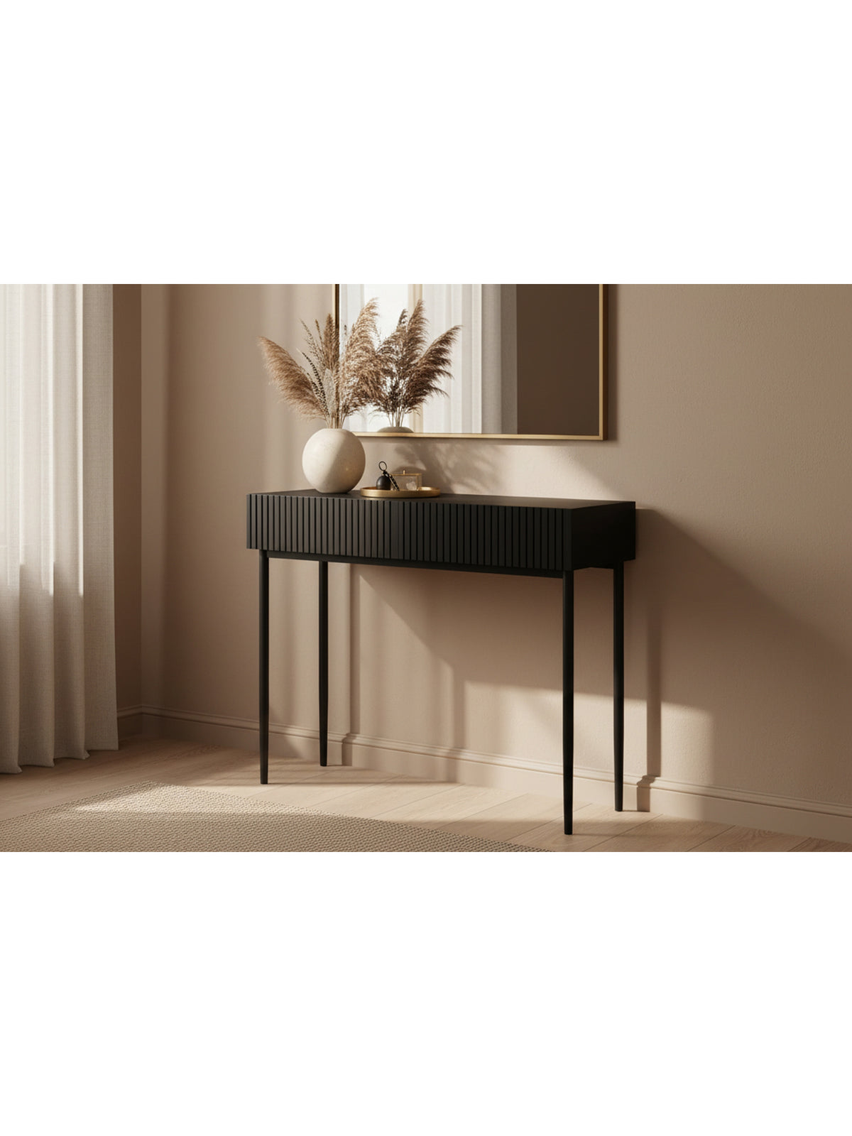 Consolă Nicole 100 cm negru mat cu front striat și două sertare, picioare negre
