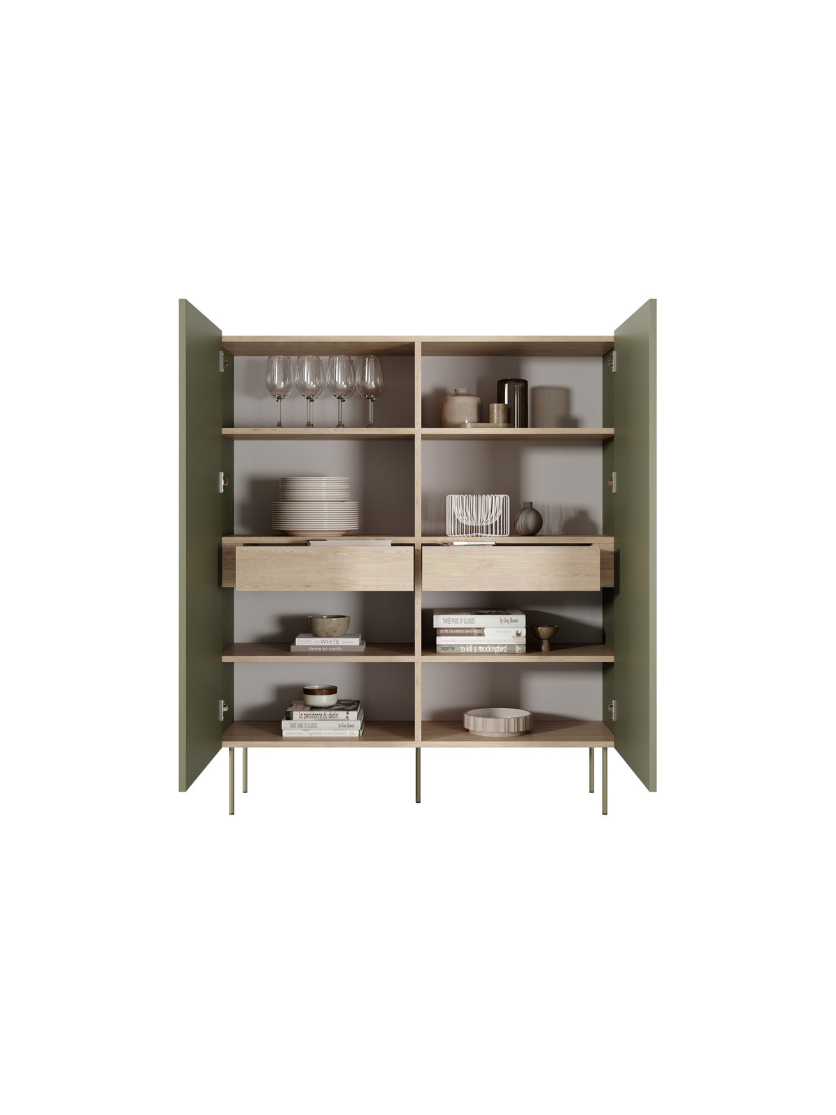 dulap Desin z ukrytymi sertare cu picioare metalice 120 cm - olive / stejar nagano