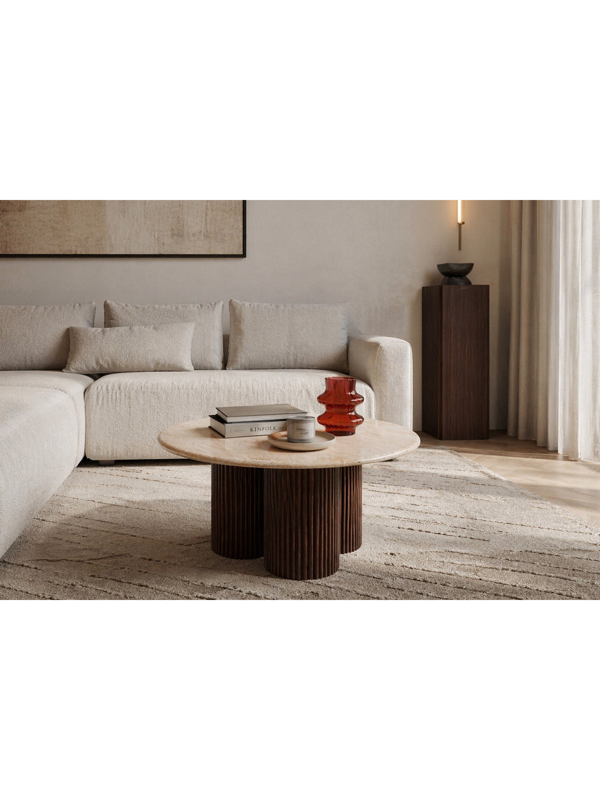 Masă de cafea rotundă Massia 80 cm cu blat travertin și cadru nuc