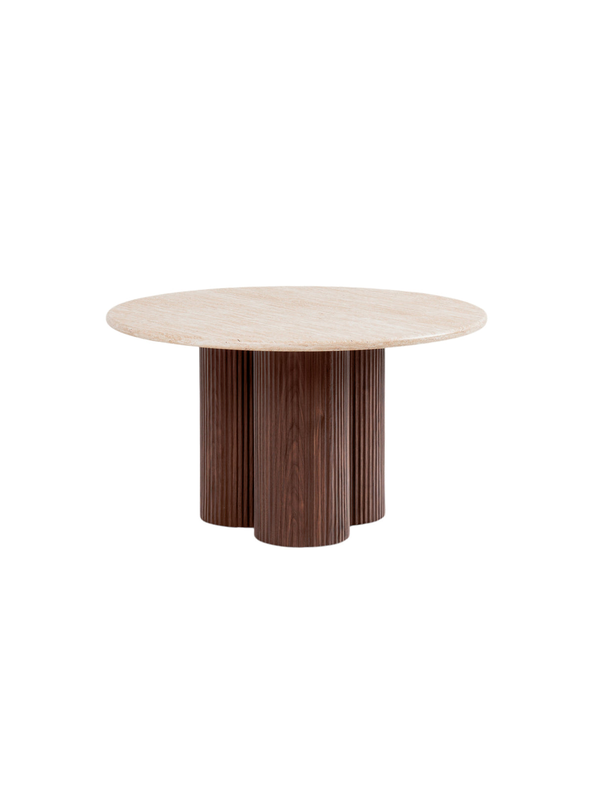 Masă de cafea rotundă Massia 80 cm cu blat travertin și cadru nuc