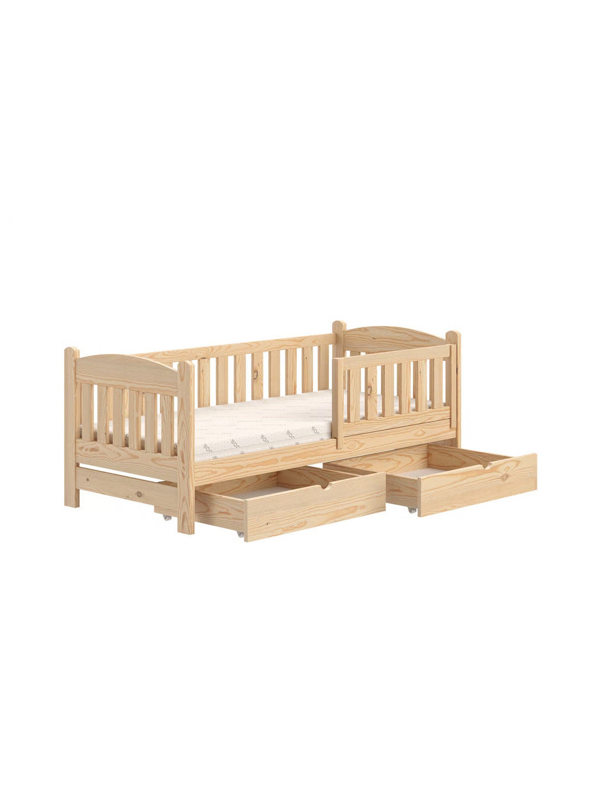 Pat pentru copii Alvins 80x200 din lemn cu sertare din pin și protecție
