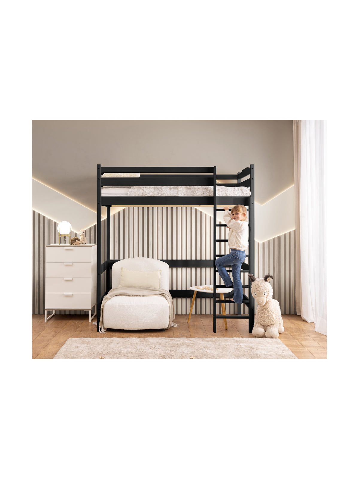 Pat copii Samio 90x180 etajat negru din lemn în decor de cameră