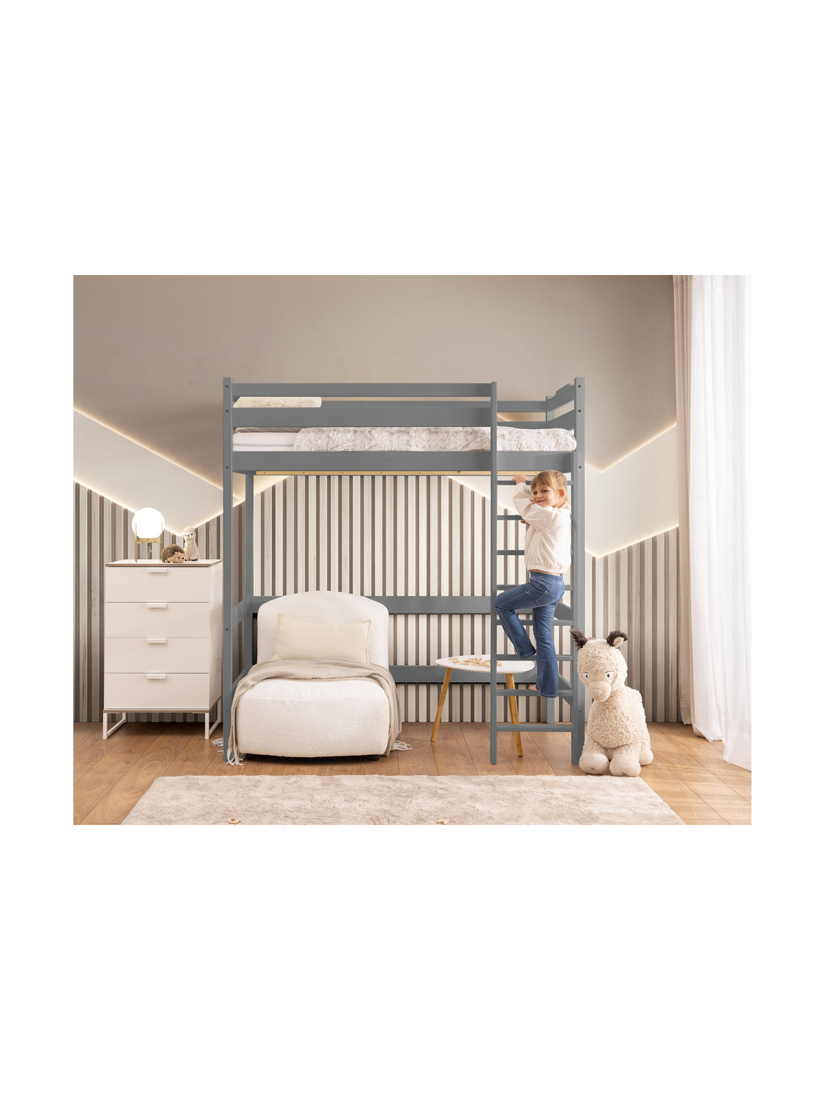 Pat copii Samio 90x200 mezzanine gri, cu structura din lemn și scara universală