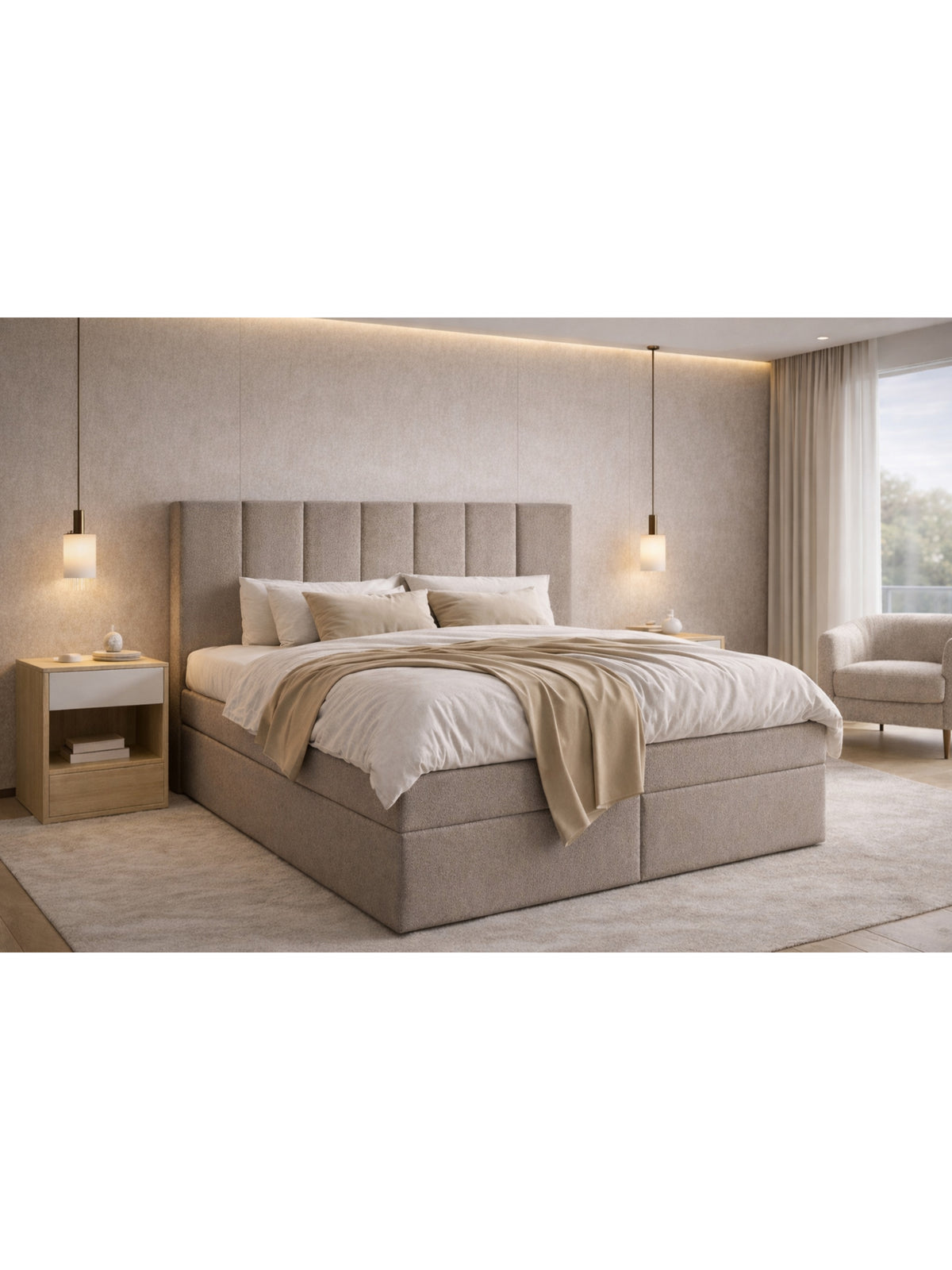 Pat continental Mareli 180x200 tapitat cu material boucle bej închis Quelle 05 cu spațiu de depozitare