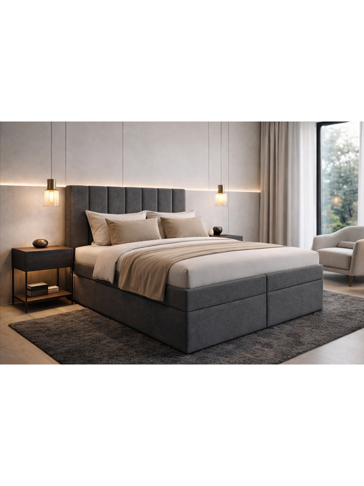Pat continental Mareli 180x200 tapitat cu boucle gri închis Quelle 92 cu cutii depozitare laterale