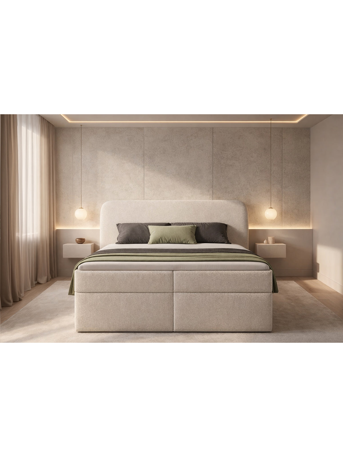 Pat continental Eleris 160x200 bej cu tapițerie boucle Quelle 03, cu spații de depozitare și picioare argintii, vedere frontală