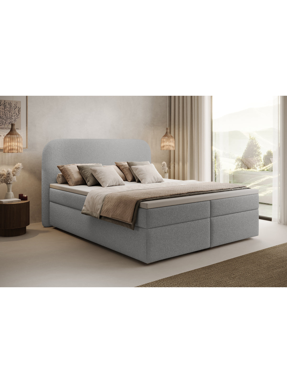 Pat continental Eleris 160x200 cu tapițerie gri boucle și containere de depozitare