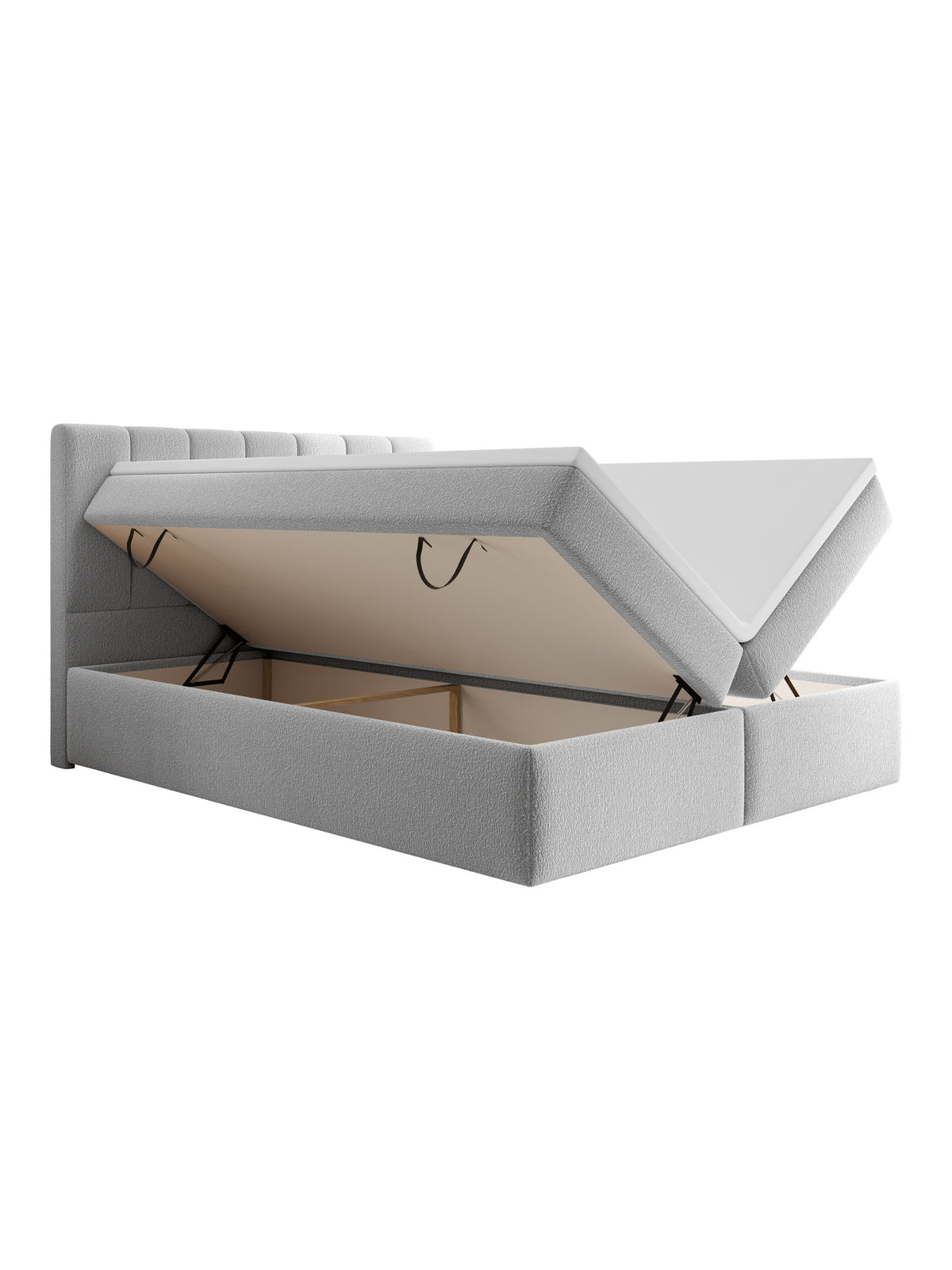 Pat continental Mareli 180x200 cu spații de depozitare, stofă boucle gri, spațiu deschis pentru depozitare
