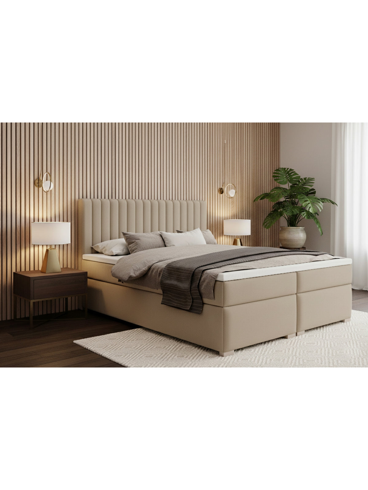 Pat continental Solani 160x200 în catifea bej Castel 15 cu spații de depozitare