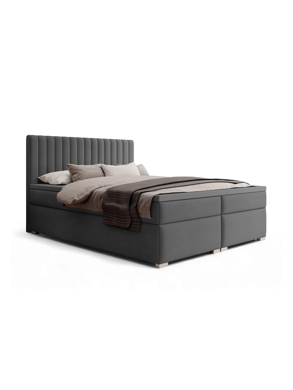 Pat continental Solani 160x200 cu spații de depozitare, catifea Castel 93 gri închis, vedere frontală