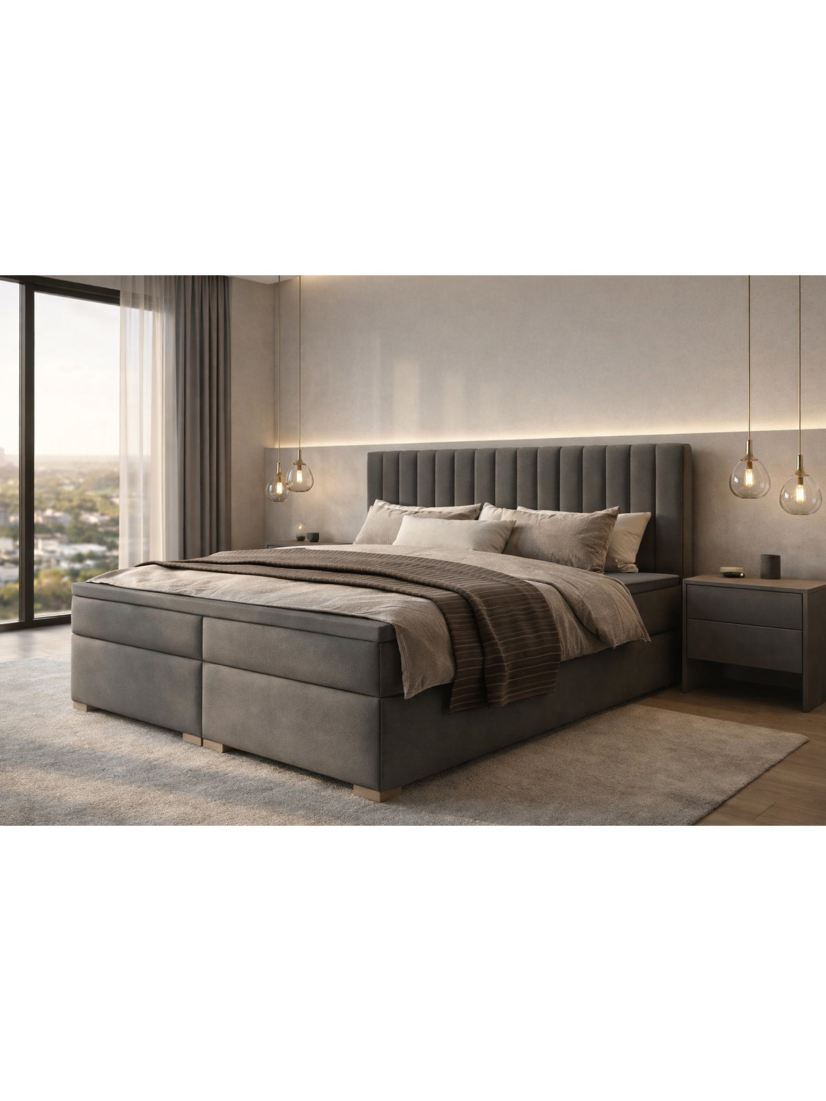 Pat continental Solani 160x200 catifea Castel 93 gri închis cu spații de depozitare