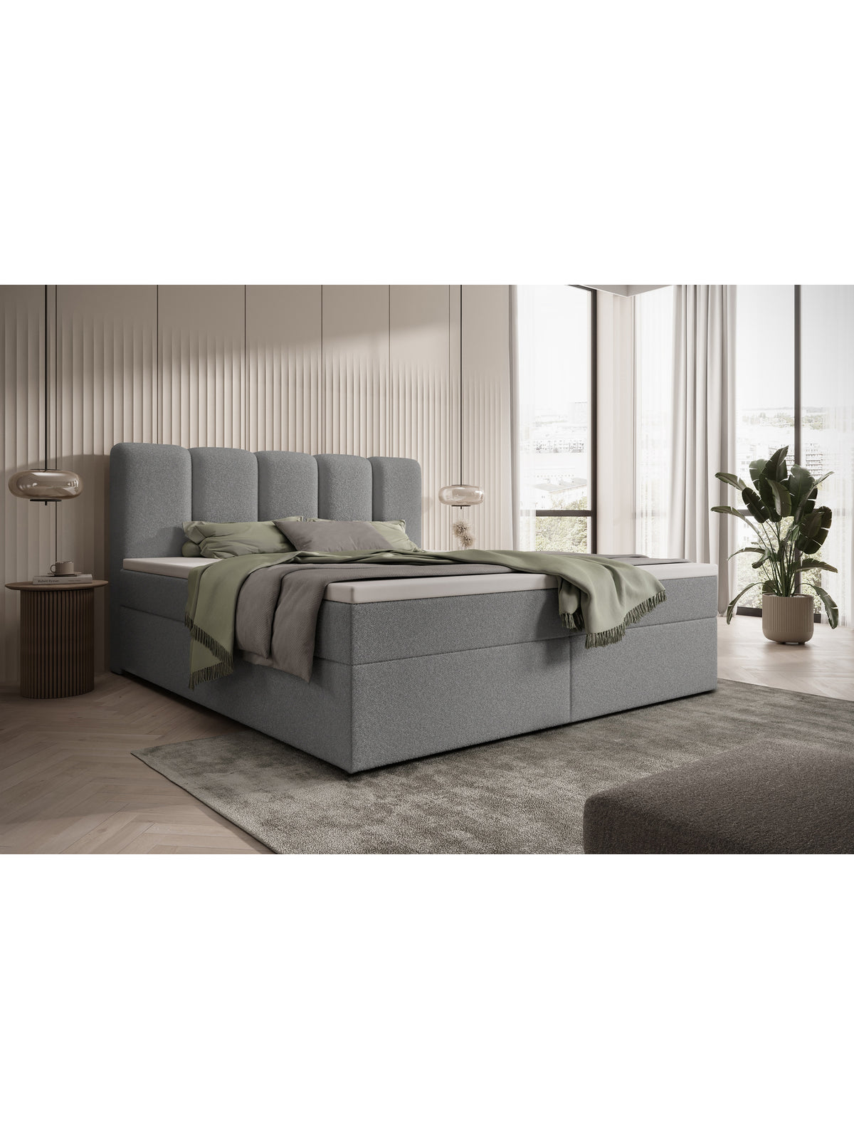 Pat continental Tenor 180x200 gri boucle cu spații de depozitare, vedere laterală în dormitor modern