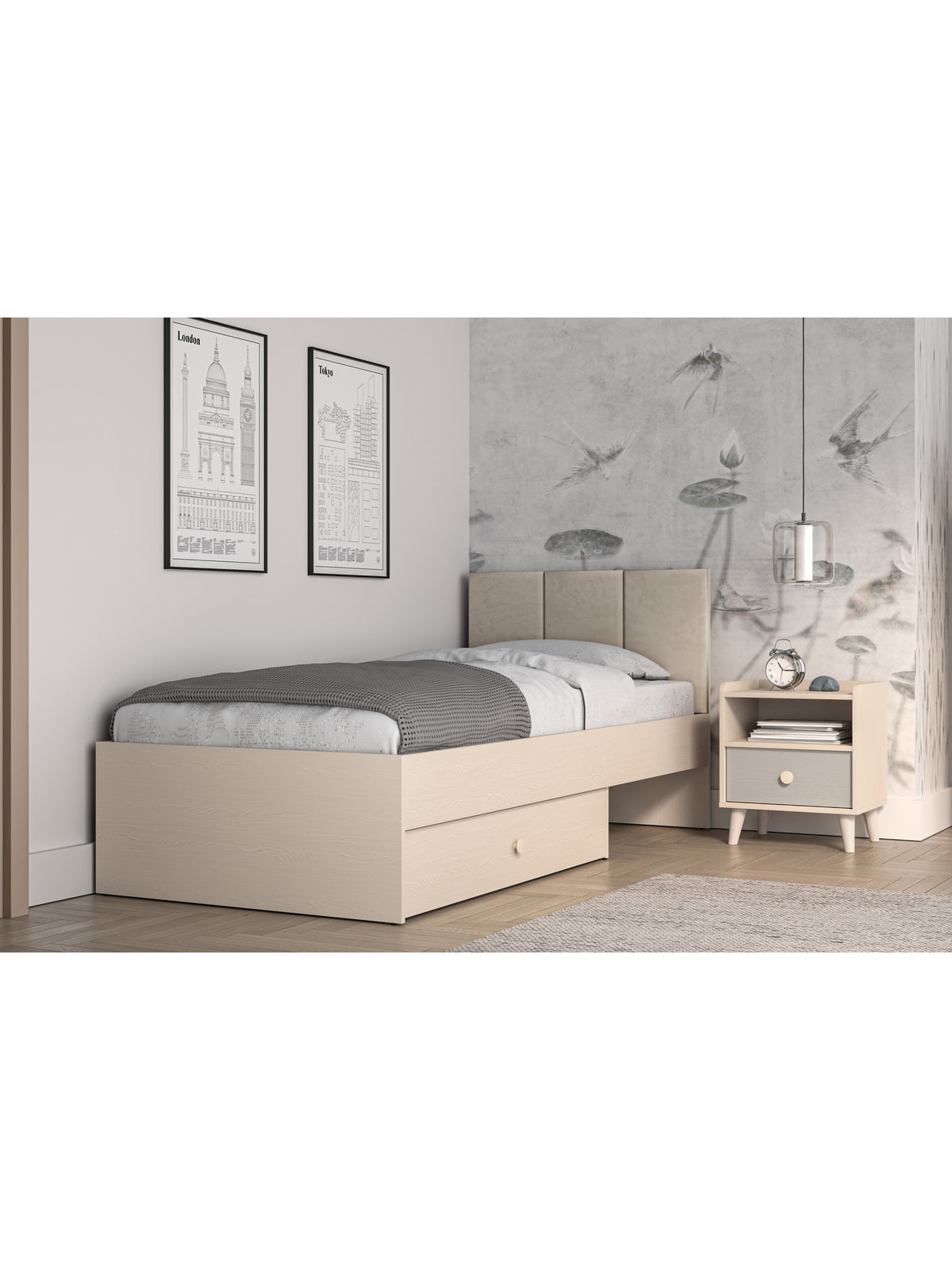 Pat pentru tineri Marla 90x200 cm bej velvet Nice 2 cu spațiu de depozitare