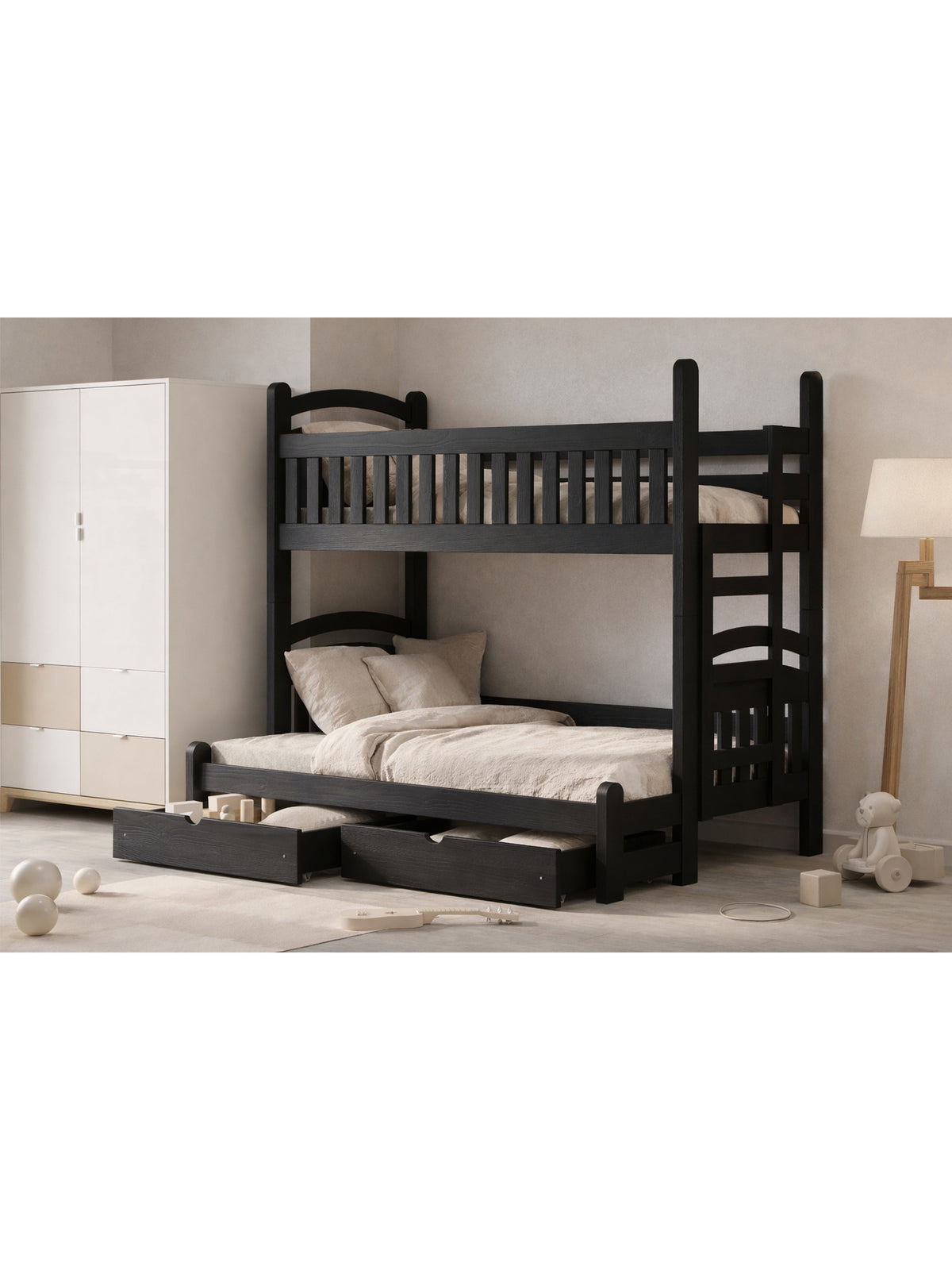 Pat dublu suprapus Amely Maxi 80x200/120x200 negru cu scară dreapta și sertare
