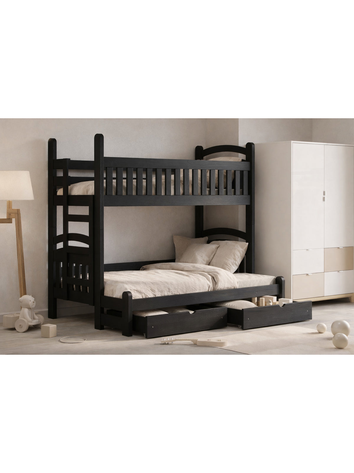 Pat dormitor negru Amely Maxi 80x200/140x200 stânga cu sertare și scară