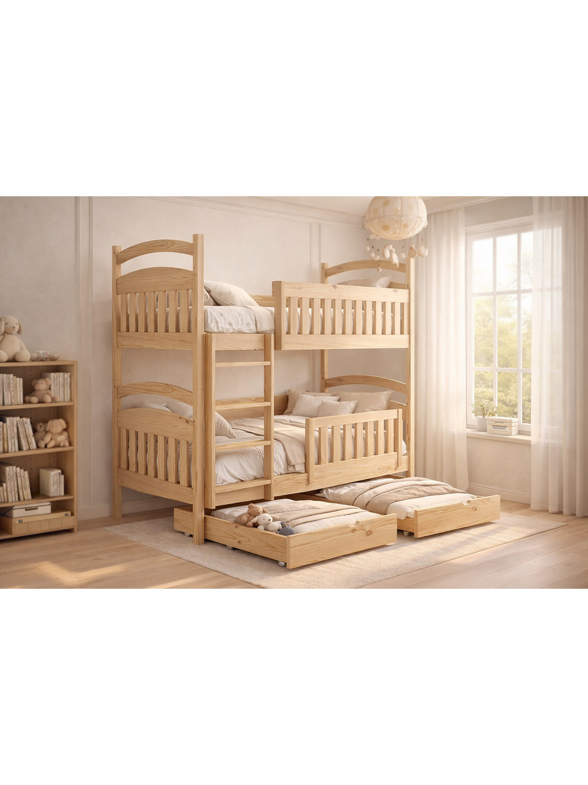 Pat dormitor Amely din lemn de pin 70x140 cu două sertare și protecție pentru bord