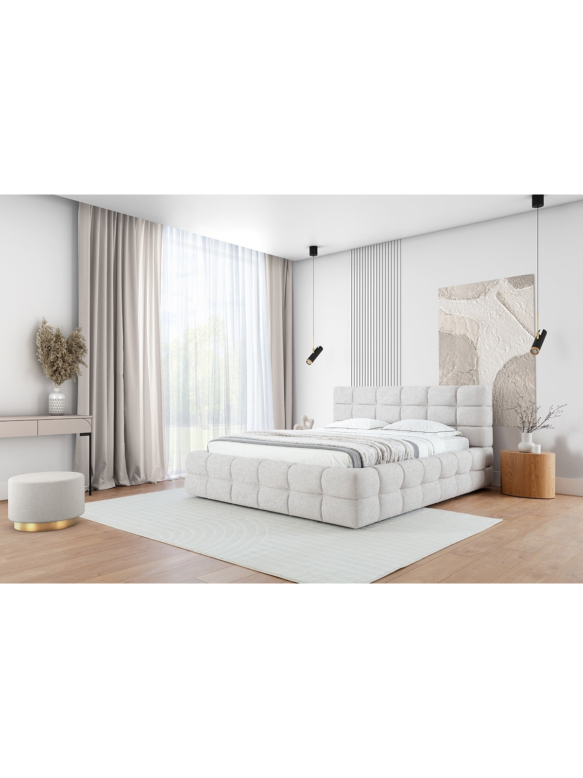 Łóżko sypialniane Bellmora 180x200 z pojemnikiem, beżowe tapicerowane boucle Raven 22