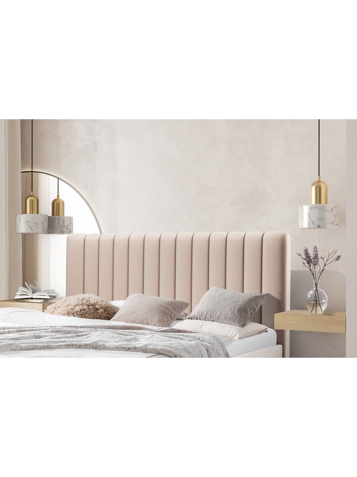 Pat tapițat Livani 140x200 bej velur Velluto 2 cu cusături verticale pe tablie