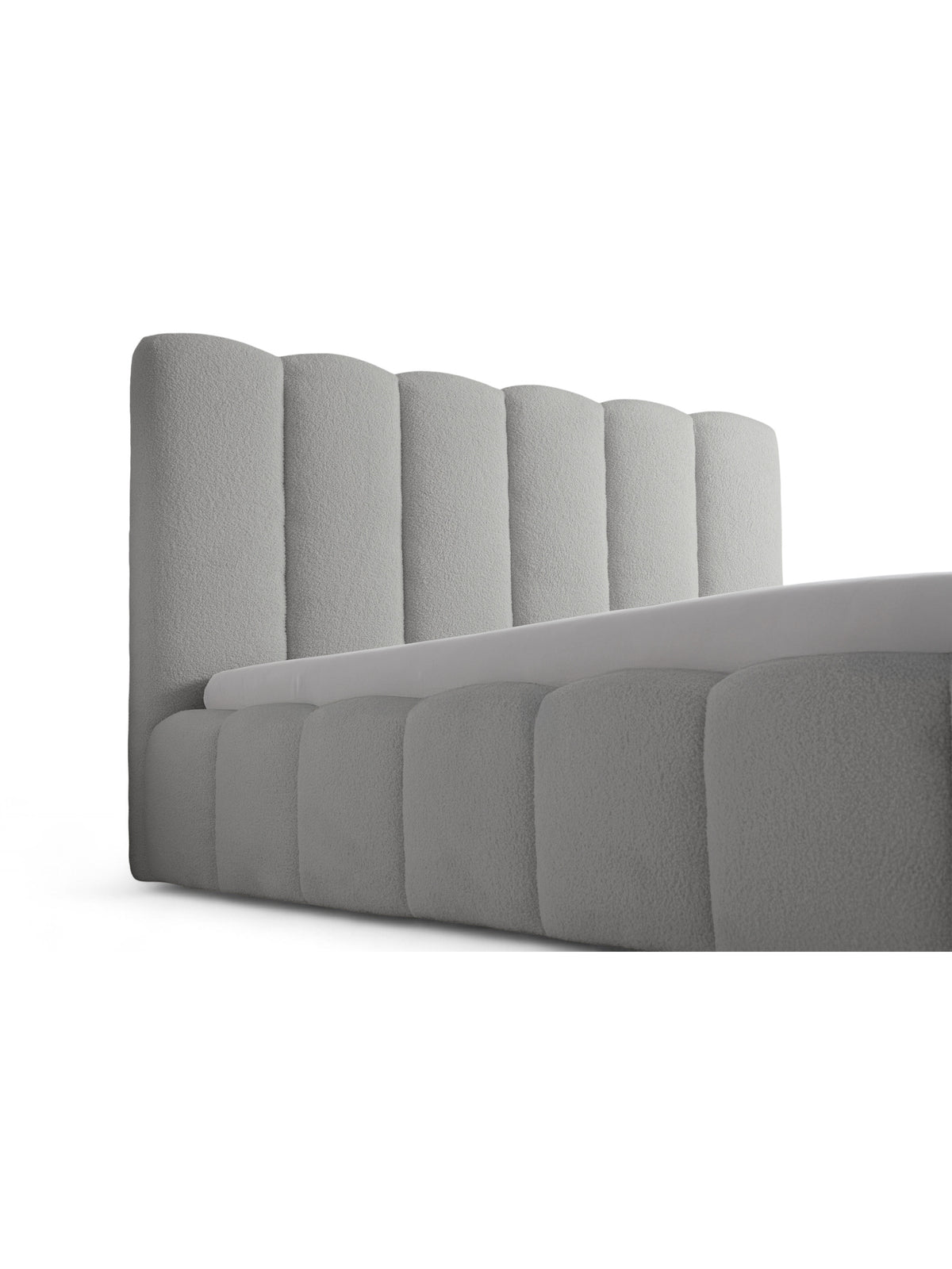 Pat tapițat Aura 160x200 gri din material bouclé, cu tablie înaltă cu cusături și spațiu de depozitare